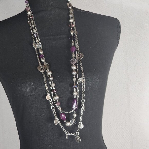 Premier Designs Silver Tone Three Strand Purple Silver Bead Coin 32" Necklace - Picture 3 of 16